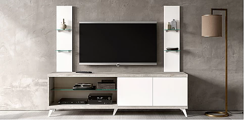 Μοντέρνο έπιπλο τηλεόρασης σε Σύγχρονο Εφέ Πέτρας TREVISO WHITE με Λευκό Γυαλιστερό Φινίρισμα (STATR1) 