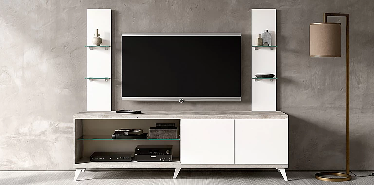 Μοντέρνο έπιπλο τηλεόρασης σε Σύγχρονο Εφέ Πέτρας TREVISO WHITE με Λευκό Γυαλιστερό Φινίρισμα (STATR1)  ΕΠΙΠΛΟ ΤΗΛΕΟΡΑΣΗΣ