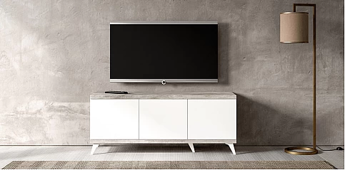 Μοντέρνο έπιπλο τηλεόρασης σε Σύγχρονο Εφέ Πέτρας TREVISO WHITE με Λευκό Γυαλιστερό Φινίρισμα (STATR) 