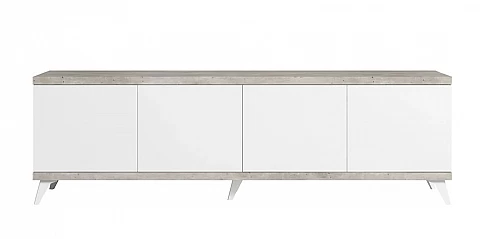 Μοντέρνο έπιπλο τηλεόρασης σε Σύγχρονο Εφέ Πέτρας TREVISO WHITE με Λευκό Γυαλιστερό Φινίρισμα (STATR2) 