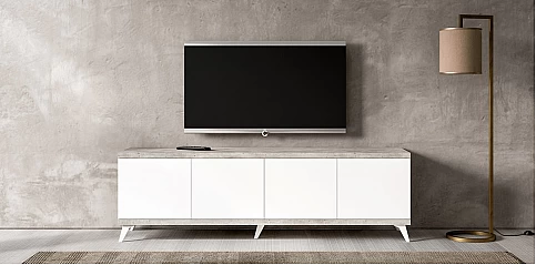 Μοντέρνο έπιπλο τηλεόρασης σε Σύγχρονο Εφέ Πέτρας TREVISO WHITE με Λευκό Γυαλιστερό Φινίρισμα (STATR2) 