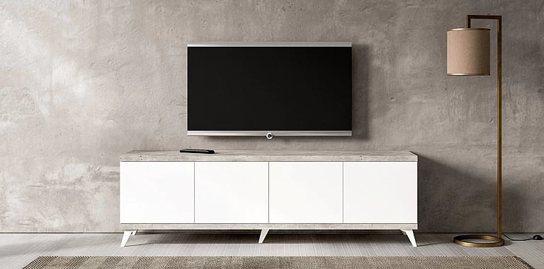 Μοντέρνο έπιπλο τηλεόρασης σε Σύγχρονο Εφέ Πέτρας TREVISO WHITE με Λευκό Γυαλιστερό Φινίρισμα (STATR2)  ΕΠΙΠΛΟ ΤΗΛΕΟΡΑΣΗΣ