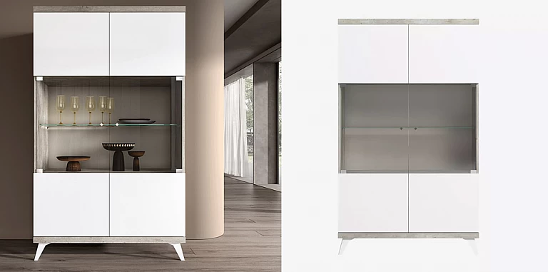 Μοντέρνα βιτρίνα  σε Σύγχρονο Εφέ Πέτρας TREVISO WHITE με Λευκό Γυαλιστερό Φινίρισμα (STATR) ΒΙΤΡΙΝΑ