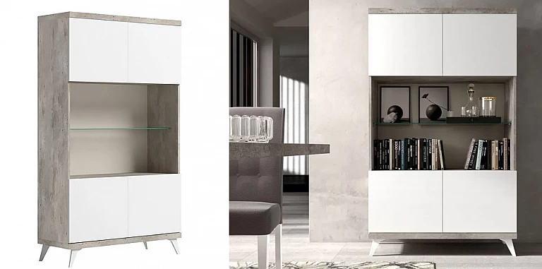 Μοντέρνα βιτρίνα  σε Σύγχρονο Εφέ Πέτρας TREVISO WHITE με Λευκό Γυαλιστερό Φινίρισμα (STATR2) ΒΙΤΡΙΝΑ