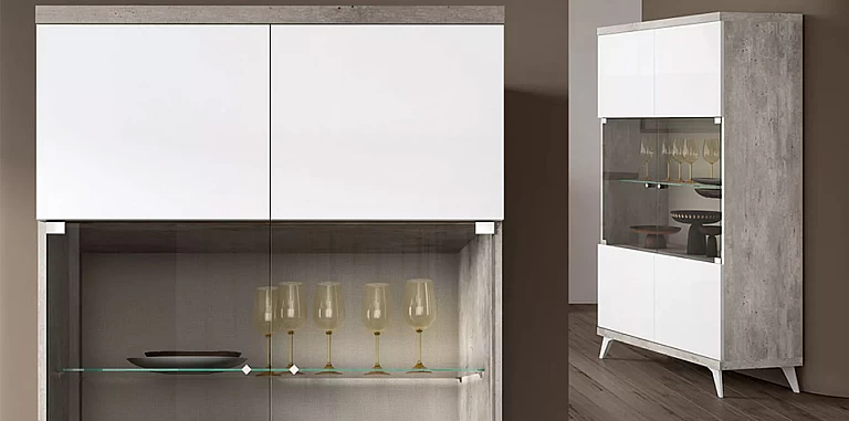 Μοντέρνα βιτρίνα  σε Σύγχρονο Εφέ Πέτρας TREVISO WHITE με Λευκό Γυαλιστερό Φινίρισμα (STATR) ΒΙΤΡΙΝΑ