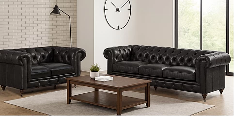 Δερμάτινο Σετ Καναπέδες 2θέσιος & 3θέσιος Μαύρο Γνήσιο Δέρμα (0092M,0093M)