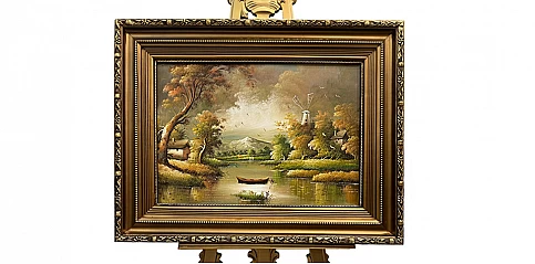 Πίνακας σε κορνίζα με ελαιογραφία χειρός "Τοπίο λίμνη" (0002Β)