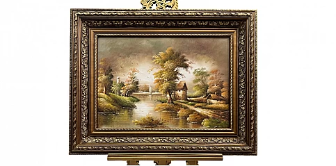 Πίνακας σε κορνίζα με ελαιογραφία χειρός "Τοπίο λίμνη" (0002C)