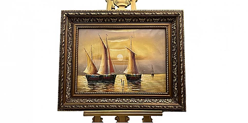 Πίνακας σε κορνίζα με ελαιογραφία χειρός "Καράβια" (0002)