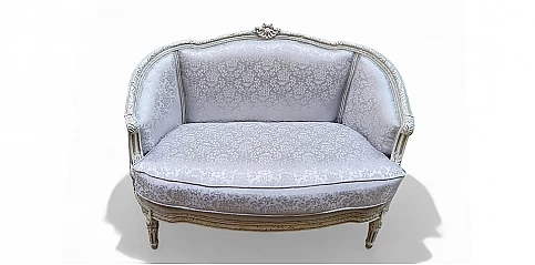 Διθέσιος Καναπές με Σκάλισμα σε Λευκή Πατίνα εποχής Λουί Κένζ (A016A)