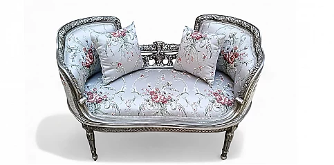 Διθέσιος Καναπές Louis XV με Floral Ύφασμα και Ασημί Σκελετό (A00L)