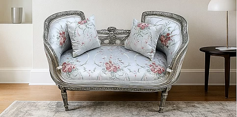 Διθέσιος Καναπές Louis XV με Floral Ύφασμα και Ασημί Σκελετό (A00L)