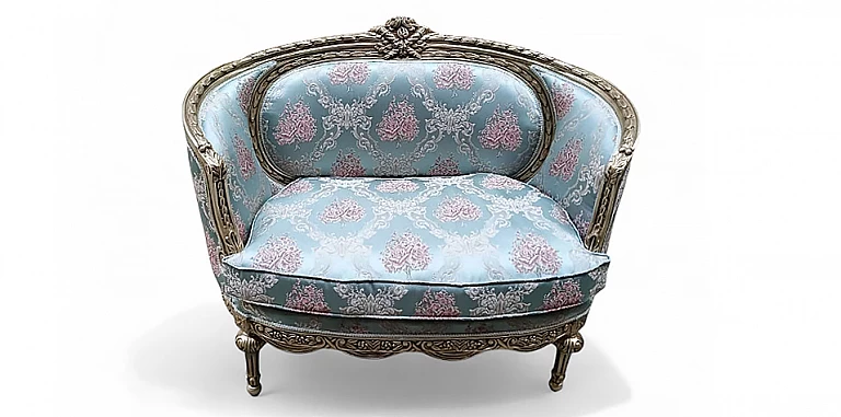 Διθέσιος Καναπές Louis XV με Floral Ύφασμα & Σαμπανί Σκελετό (A00L)-ΣΑΛΟΝΑΚΙ Louis XV Διθέσιος κλασικός καναπές με floral ταπετσαρία, σκάλισμα και ασημί σκελετό από ξύλο οξιάς – στυλ Louis XVI