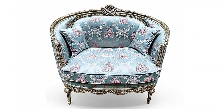 Διθέσιος Καναπές Louis XV με Floral Ύφασμα & Σαμπανί Σκελετό (A00L)-ΣΑΛΟΝΑΚΙ Louis XV Διθέσιος κλασικός καναπές με floral ταπετσαρία, σκάλισμα και ασημί σκελετό από ξύλο οξιάς – στυλ Louis XVI