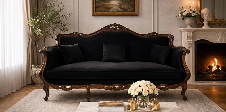 Καναπές τριθέσιος κλασικός σε μαύρο χρώμα (KAM3) ΚΑΝΑΠΕΣ ΤΡΙΘΕΣΙΟΣ