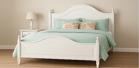 Ξύλινο Διπλό Κρεβάτι Vintage σε Λευκό – Ρομαντικό Στυλ (1455) 