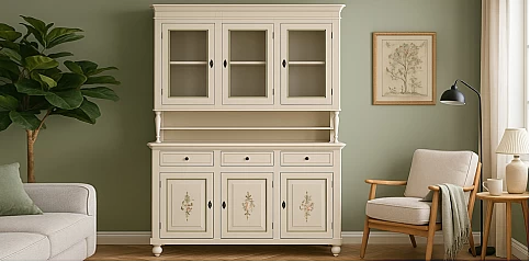 Βιτρίνα Μπουφές "Bellrose" με Ζωγραφική | Vintage Έπιπλο Κουζίνας (4923)