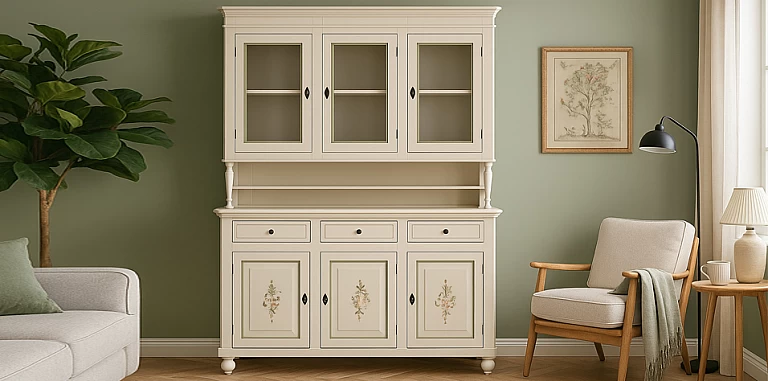 Βιτρίνα μπουφές παλαιωμένη λευκή με ζωγραφική λουλούδια