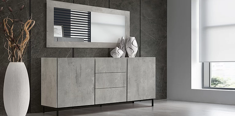 Μοντέρνος μπουφές με 3 συρτάρια και μεταλλικά πόδια CEMENT GRAY (1798)-ΜΠΟΥΦΕΣ