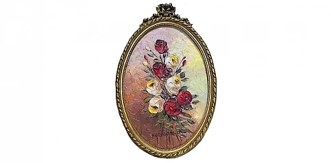 Πινακάκι διακοσμητικό οβάλ σε χρυσή κορνίζα "Λουλούδια" (0047-A)