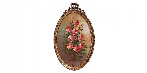 Πινακάκι διακοσμητικό οβάλ σε χρυσή κορνίζα "Λουλούδια" (0047-E)