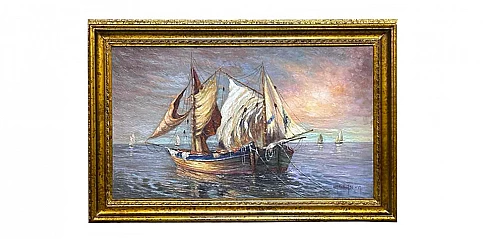 Οριζόντιος πίνακας σε χρυσή κορνίζα "Πλοία" (0001)