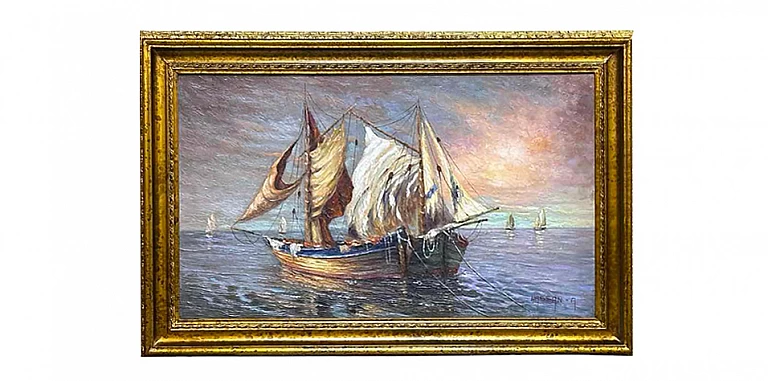 Οριζόντιος πίνακας σε χρυσή κορνίζα "Πλοία" (0001) ΠΙΝΑΚΕΣ ΖΩΓΡΑΦΙΚΗΣ