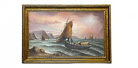 Κάθετος πίνακας σε χρυσή κορνίζα "Βάρκες" (0009)